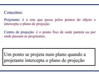 Conceitos:
Projetante: é a reta que passa pelos pontos do objeto e
intercepta o plano de projeção.
Centro de projeção: é o ponto fixo de onde partem ou por
onde passam as projetantes.
Um ponto se projeta num plano quando a
projetante intercepta o plano de projeção
 