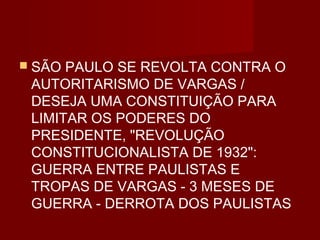  SÃO PAULO SE REVOLTA CONTRA O
 AUTORITARISMO DE VARGAS /
 DESEJA UMA CONSTITUIÇÃO PARA
 LIMITAR OS PODERES DO
 PRESIDENTE, "REVOLUÇÃO
 CONSTITUCIONALISTA DE 1932":
 GUERRA ENTRE PAULISTAS E
 TROPAS DE VARGAS - 3 MESES DE
 GUERRA - DERROTA DOS PAULISTAS
 