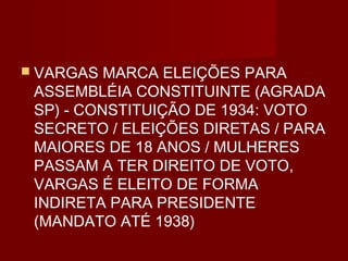  VARGAS  MARCA ELEIÇÕES PARA
 ASSEMBLÉIA CONSTITUINTE (AGRADA
 SP) - CONSTITUIÇÃO DE 1934: VOTO
 SECRETO / ELEIÇÕES DIRETAS / PARA
 MAIORES DE 18 ANOS / MULHERES
 PASSAM A TER DIREITO DE VOTO,
 VARGAS É ELEITO DE FORMA
 INDIRETA PARA PRESIDENTE
 (MANDATO ATÉ 1938)
 