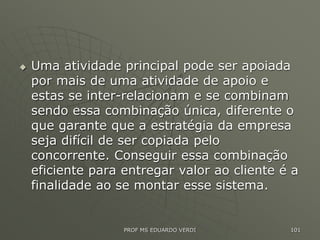  Uma atividade principal pode ser apoiada
por mais de uma atividade de apoio e
estas se inter-relacionam e se combinam
sendo essa combinação única, diferente o
que garante que a estratégia da empresa
seja difícil de ser copiada pelo
concorrente. Conseguir essa combinação
eficiente para entregar valor ao cliente é a
finalidade ao se montar esse sistema.
PROF MS EDUARDO VERDI 101
 