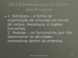 Os 5 Elementos que Compõem
uma Empresa
 1. Estrutura – a forma de
organização da empresa em termo
de cargos, hierarquia, e órgãos
funcionais,
2. Pessoas – os funcionários que irão
desenvolver as atividades
necessárias dentro da empresa,
PROF MS EDUARDO VERDI 195
 