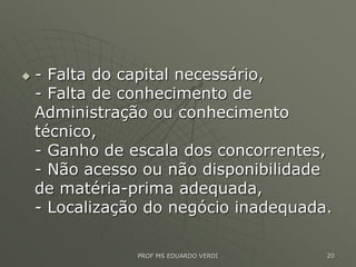  - Falta do capital necessário,
- Falta de conhecimento de
Administração ou conhecimento
técnico,
- Ganho de escala dos concorrentes,
- Não acesso ou não disponibilidade
de matéria-prima adequada,
- Localização do negócio inadequada.
PROF MS EDUARDO VERDI 20
 
