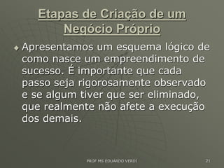Etapas de Criação de um
Negócio Próprio
 Apresentamos um esquema lógico de
como nasce um empreendimento de
sucesso. É importante que cada
passo seja rigorosamente observado
e se algum tiver que ser eliminado,
que realmente não afete a execução
dos demais.
PROF MS EDUARDO VERDI 21
 