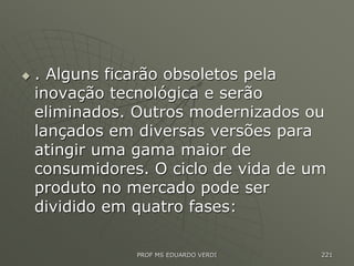  . Alguns ficarão obsoletos pela
inovação tecnológica e serão
eliminados. Outros modernizados ou
lançados em diversas versões para
atingir uma gama maior de
consumidores. O ciclo de vida de um
produto no mercado pode ser
dividido em quatro fases:
PROF MS EDUARDO VERDI 221
 