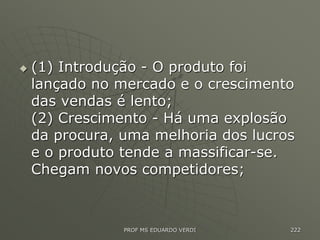  (1) Introdução - O produto foi
lançado no mercado e o crescimento
das vendas é lento;
(2) Crescimento - Há uma explosão
da procura, uma melhoria dos lucros
e o produto tende a massificar-se.
Chegam novos competidores;
PROF MS EDUARDO VERDI 222
 