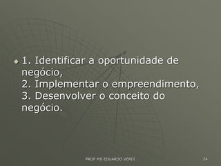  1. Identificar a oportunidade de
negócio,
2. Implementar o empreendimento,
3. Desenvolver o conceito do
negócio.
PROF MS EDUARDO VERDI 24
 