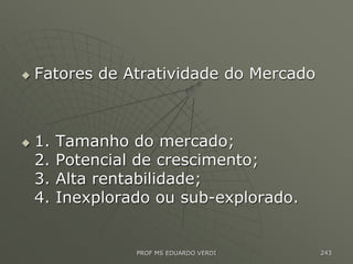  Fatores de Atratividade do Mercado
 1. Tamanho do mercado;
2. Potencial de crescimento;
3. Alta rentabilidade;
4. Inexplorado ou sub-explorado.
PROF MS EDUARDO VERDI 243
 