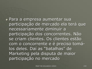  Para a empresa aumentar sua
participação de mercado ela terá que
necessariamente diminuir a
participação dos concorrentes. Não
se criam clientes. Os clientes estão
com o concorrente e é preciso tomá-
los deles. Daí as “batalhas” de
Marketing pela disputa de maior
participação no mercado
PROF MS EDUARDO VERDI 249
 
