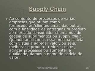 Supply Chain
 Ao conjunto de processos de varias
empresas que atuam como
fornecedoras/clientes umas das outras
com a finalidade de entregar um produto
ao mercado consumidor chamamos de
cadeia de suprimentos ou supply chain.
Quando analisamos essa mesma cadeia
com vistas a agregar valor, ou seja,
melhorar o produto, reduzir custos,
agilizar processos ou aumentar a
qualidade, damos o nome de cadeia de
valor.
PROF MS EDUARDO VERDI 251
 