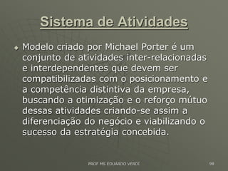 Sistema de Atividades
 Modelo criado por Michael Porter é um
conjunto de atividades inter-relacionadas
e interdependentes que devem ser
compatibilizadas com o posicionamento e
a competência distintiva da empresa,
buscando a otimização e o reforço mútuo
dessas atividades criando-se assim a
diferenciação do negócio e viabilizando o
sucesso da estratégia concebida.
PROF MS EDUARDO VERDI 98
 