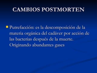 CAMBIOS POSTMORTEN Putrefacción: es la descomposición de la materia orgánica del cadáver por acción de las bacterias después de la muerte. Originando abundantes gases 