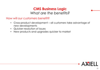 CMS Business Logic
What are the benefits?
12
How will our customers benefit?
• Cross-product development – all customers t...