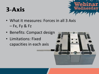 • What it measures: Forces in all 3 Axis
– Fx, Fy & Fz
• Benefits: Compact design
• Limitations: Fixed
capacities in each axis
3-Axis
 