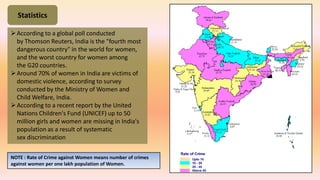 Statistics
According to a global poll conducted
by Thomson Reuters, India is the "fourth most
dangerous country" in the world for women,
and the worst country for women among
the G20 countries.
Around 70% of women in India are victims of
domestic violence, according to survey
conducted by the Ministry of Women and
Child Welfare, India.
According to a recent report by the United
Nations Children's Fund (UNICEF) up to 50
million girls and women are missing in India's
population as a result of systematic
sex discrimination
NOTE : Rate of Crime against Women means number of crimes
against women per one lakh population of Women.
 