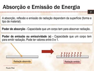 Daniela Pinto
A absorção, reflexão e emissão de radiação dependem da superfície (forma e
tipo de material).
Poder de absorção - Capacidade que um corpo tem para absorver radiação.
Poder de emissão ou emissividade (e) - Capacidade que um corpo tem
para emitir radiação. Pode ter valores entre 0 e 1.
7
Absorção e Emissão de Energia
Radiação absorvida Radiação emitida
 