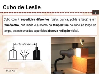 Daniela Pinto
Cubo com 4 superfícies diferentes (preta, branca, polida e baça) e um
termómetro, que mede o aumento da temperatura do cubo ao longo do
tempo, quando uma das superfícies absorve radiação visível.
9
Cubo de Leslie
 