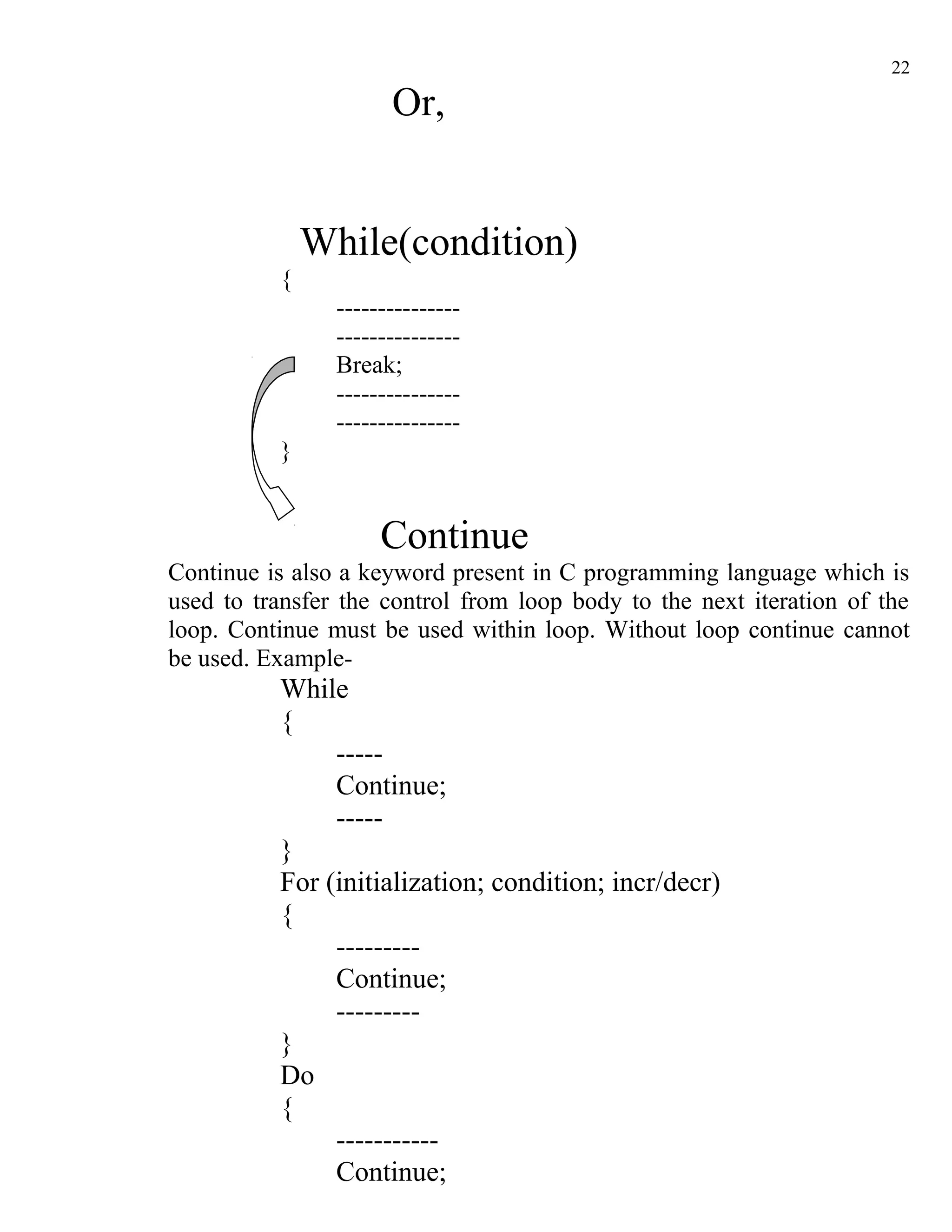 22

                      Or,


              While(condition)
          {
                ---------------
                ---------------
                Break;
                ---------------
                ---------------
          }


                     Continue
Continue is also a keyword present in C programming language which is
used to transfer the control from loop body to the next iteration of the
loop. Continue must be used within loop. Without loop continue cannot
be used. Example-
          While
          {
               -----
               Continue;
               -----
          }
          For (initialization; condition; incr/decr)
          {
               ---------
               Continue;
               ---------
          }
          Do
          {
               -----------
               Continue;
 
