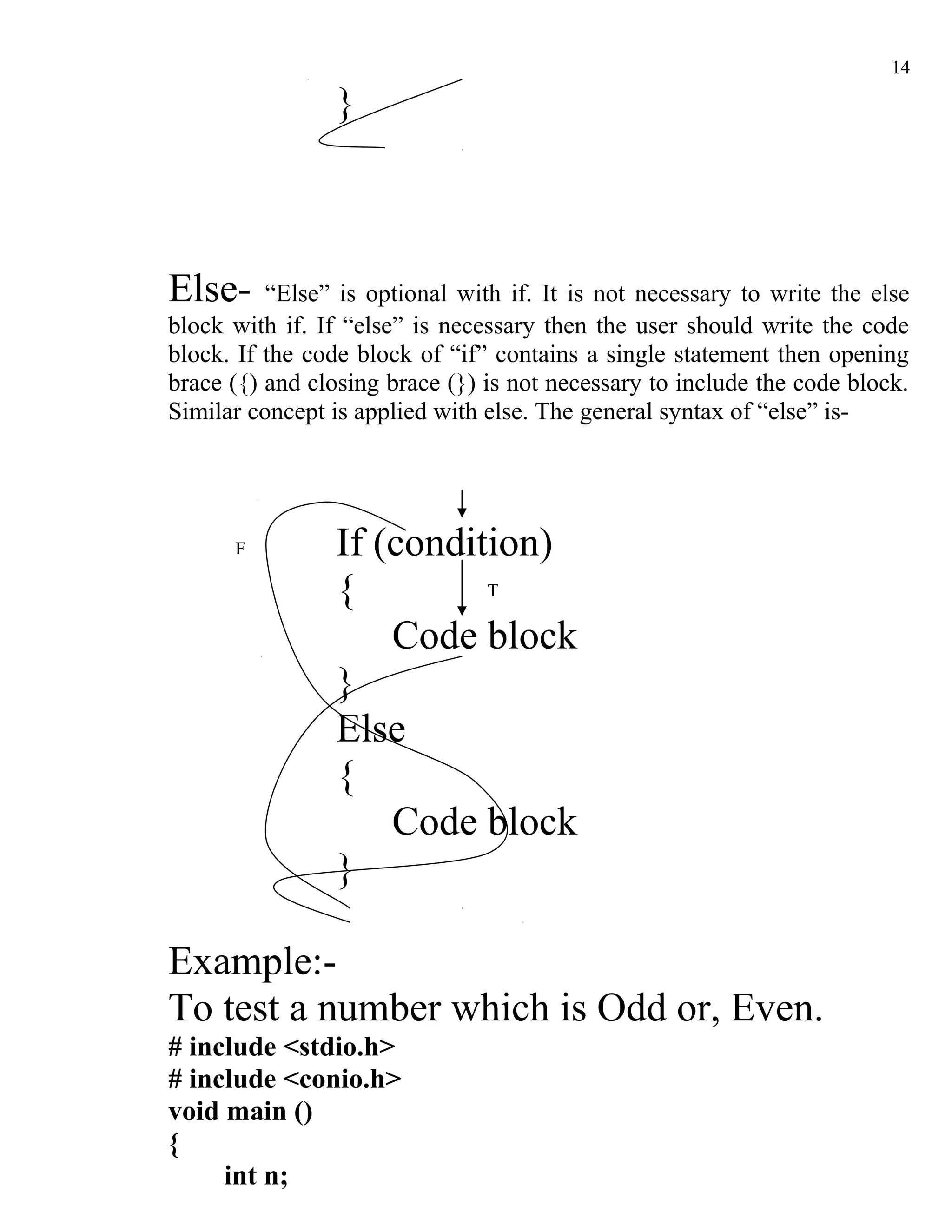 14

                }



Else-     “Else” is optional with if. It is not necessary to write the else
block with if. If “else” is necessary then the user should write the code
block. If the code block of “if” contains a single statement then opening
brace ({) and closing brace (}) is not necessary to include the code block.
Similar concept is applied with else. The general syntax of “else” is-




      F         If (condition)
                {         T

                    Code block
                }
                Else
                {
                    Code block
                }

Example:-
To test a number which is Odd or, Even.
# include <stdio.h>
# include <conio.h>
void main ()
{
     int n;
 