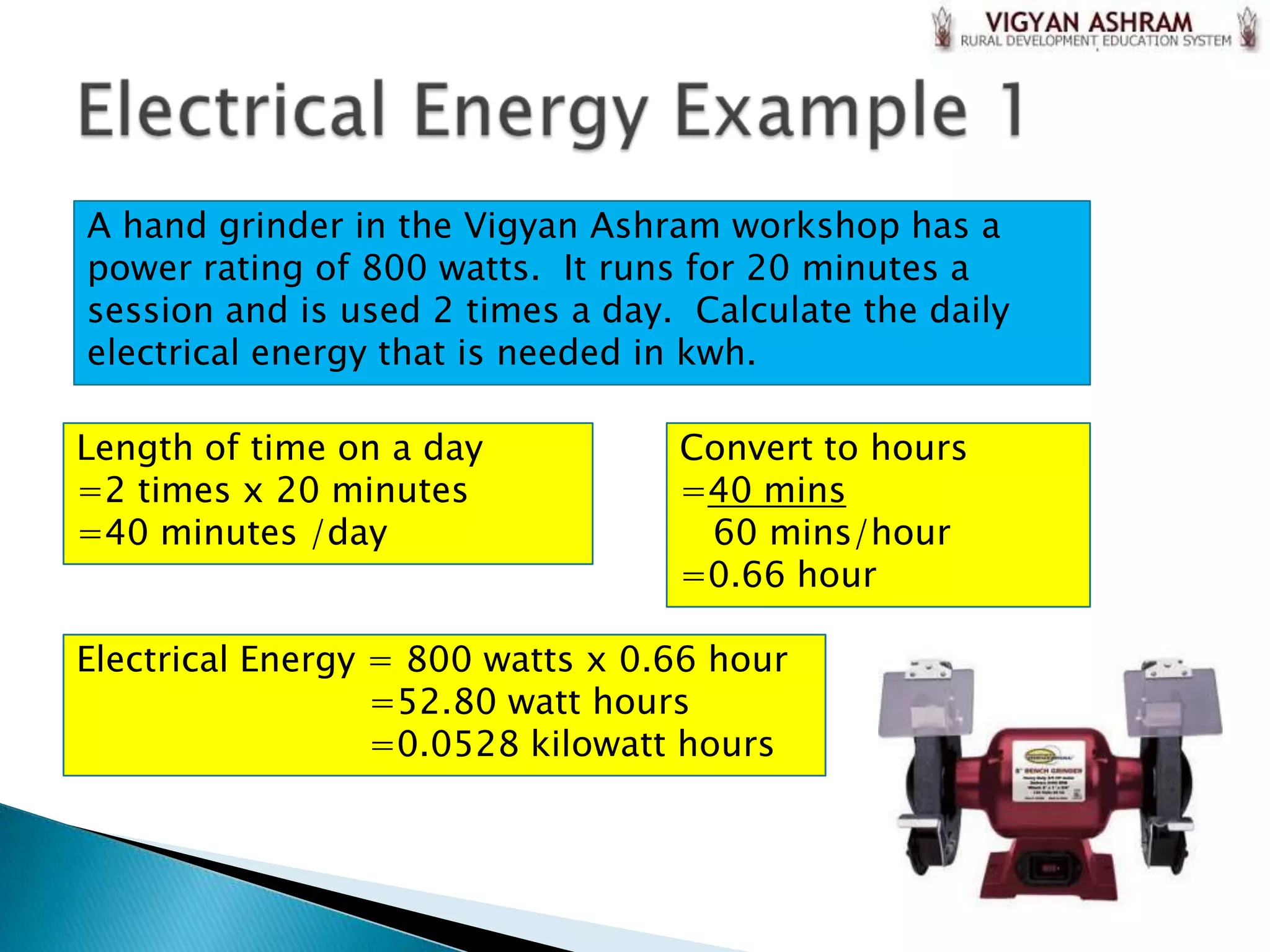 A hand grinder in the Vigyan Ashram workshop has a
power rating of 800 watts. It runs for 20 minutes a
session and is used 2 times a day. Calculate the daily
electrical energy that is needed in kwh.

Length of time on a day           Convert to hours
=2 times x 20 minutes             =40 mins
=40 minutes /day                   60 mins/hour
                                  =0.66 hour

Electrical Energy = 800 watts x 0.66 hour
                  =52.80 watt hours
                  =0.0528 kilowatt hours
 