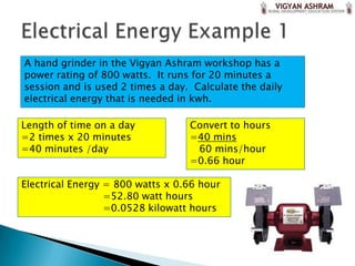 A hand grinder in the Vigyan Ashram workshop has a
power rating of 800 watts. It runs for 20 minutes a
session and is used 2 times a day. Calculate the daily
electrical energy that is needed in kwh.

Length of time on a day           Convert to hours
=2 times x 20 minutes             =40 mins
=40 minutes /day                   60 mins/hour
                                  =0.66 hour

Electrical Energy = 800 watts x 0.66 hour
                  =52.80 watt hours
                  =0.0528 kilowatt hours
 