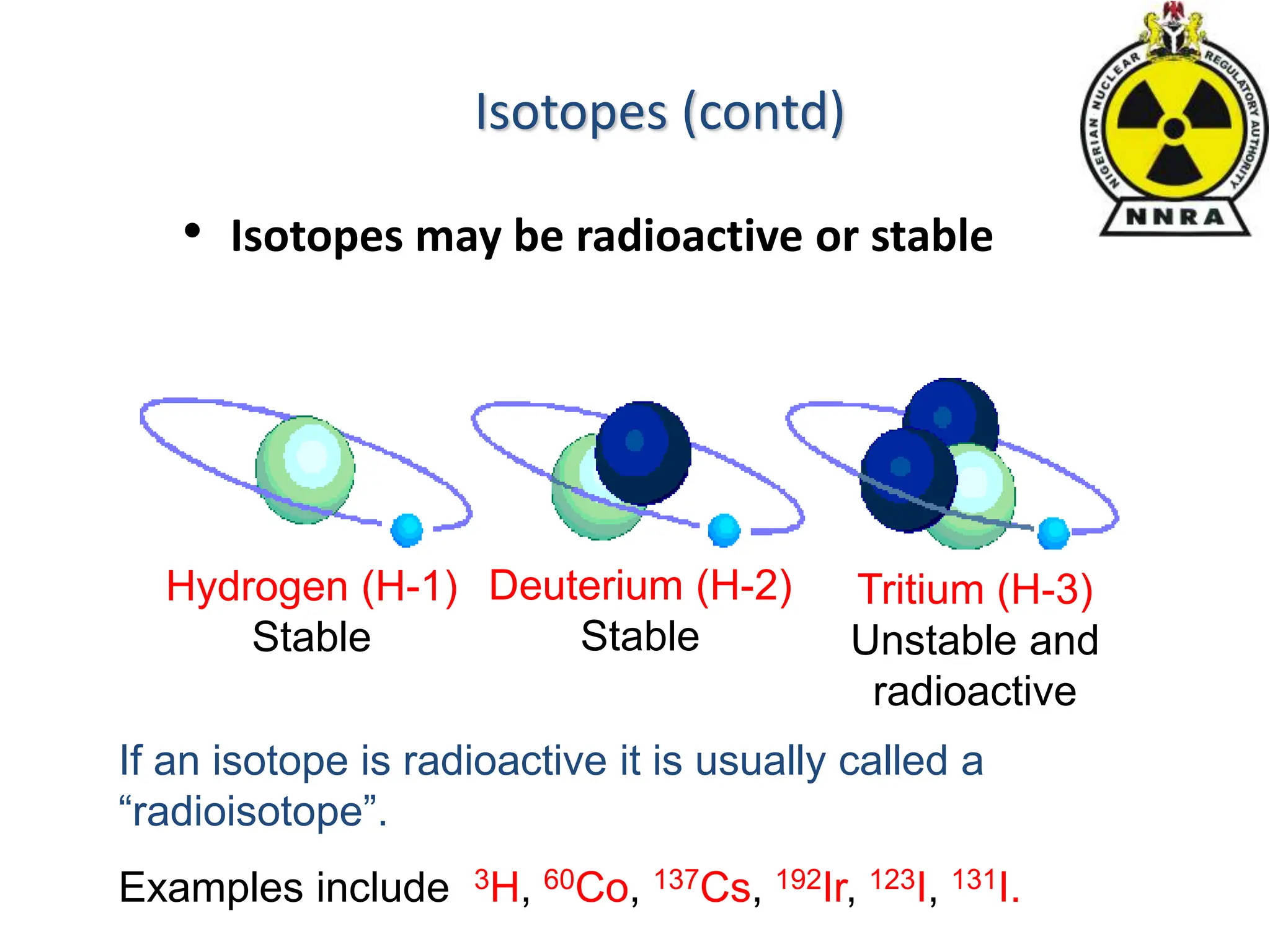• Isotopes may be radioactive or stable
Hydrogen (H-1)
Stable
Deuterium (H-2)
Stable
Tritium (H-3)
Unstable and
radioactive
If an isotope is radioactive it is usually called a
“radioisotope”.
Examples include 3H, 60Co, 137Cs, 192Ir, 123I, 131I.
Isotopes (contd)
 