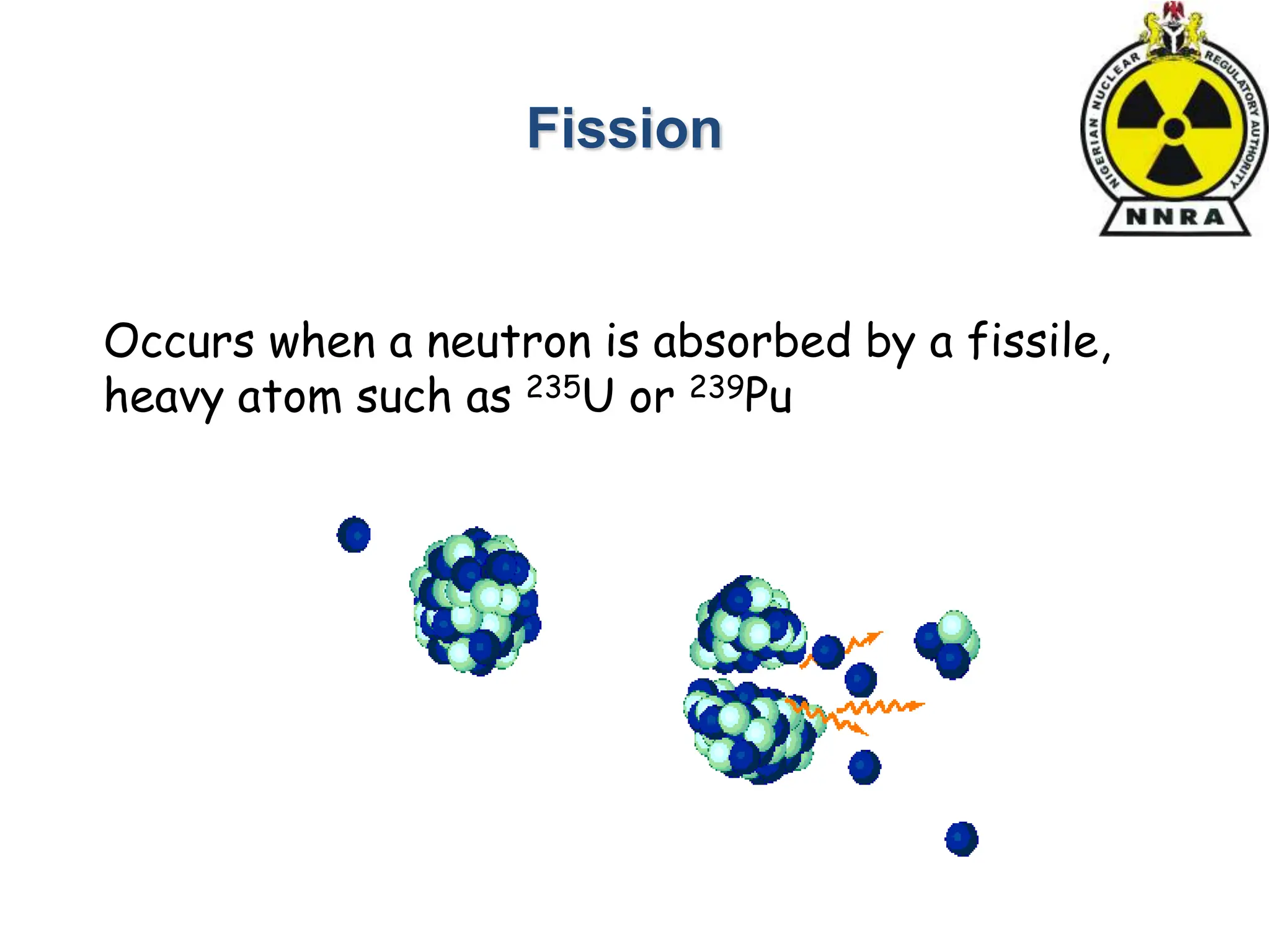 Fission
Occurs when a neutron is absorbed by a fissile,
heavy atom such as 235U or 239Pu
 