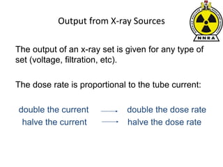 Output from X-ray Sources
The output of an x-ray set is given for any type of
set (voltage, filtration, etc).
The dose rate is proportional to the tube current:
double the current double the dose rate
halve the current halve the dose rate
 