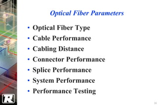 Optical Fiber Parameters

• Optical Fiber Type
• Cable Performance
• Cabling Distance
• Connector Performance
• Splice Performance
• System Performance
• Performance Testing
                                  16
 