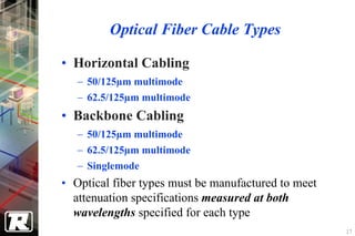 Optical Fiber Cable Types

• Horizontal Cabling
   − 50/125µm multimode
   − 62.5/125µm multimode
• Backbone Cabling
   − 50/125µm multimode
   − 62.5/125µm multimode
   − Singlemode
• Optical fiber types must be manufactured to meet
  attenuation specifications measured at both
  wavelengths specified for each type
                                                     17
 