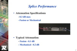 Splice Performance
• Attenuation Specifications
    - 0.3 dB max
    - Fusion or Mechanical




• Typical Attenuation
    - Fusion - 0.1 dB
    - Mechanical - 0.2 dB

                                   24
 
