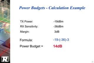 Power Budgets - Calculation Example


TX Power:         -19dBm
RX Sensitivity:   -36dBm
Margin:           3dB


Formula:          -19-(-36)-3
Power Budget =    14dB


                                      29
 