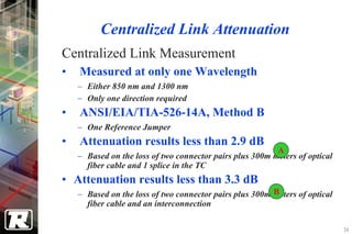 Centralized Link Attenuation
Centralized Link Measurement
•   Measured at only one Wavelength
    − Either 850 nm and 1300 nm
    − Only one direction required
•   ANSI/EIA/TIA-526-14A, Method B
    − One Reference Jumper
•   Attenuation results less than 2.9 dB
                                                          A
    − Based on the loss of two connector pairs plus 300m meters of optical
      fiber cable and 1 splice in the TC
• Attenuation results less than 3.3 dB
    − Based on the loss of two connector pairs plus 300m meters of optical
                                                         B
      fiber cable and an interconnection

                                                                             36
 