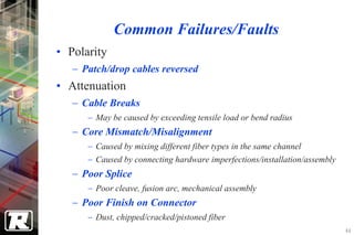 Common Failures/Faults
• Polarity
   − Patch/drop cables reversed
• Attenuation
   − Cable Breaks
      − May be caused by exceeding tensile load or bend radius
   − Core Mismatch/Misalignment
      − Caused by mixing different fiber types in the same channel
      − Caused by connecting hardware imperfections/installation/assembly
   − Poor Splice
      − Poor cleave, fusion arc, mechanical assembly
   − Poor Finish on Connector
      − Dust, chipped/cracked/pistoned fiber
                                                                            44
 