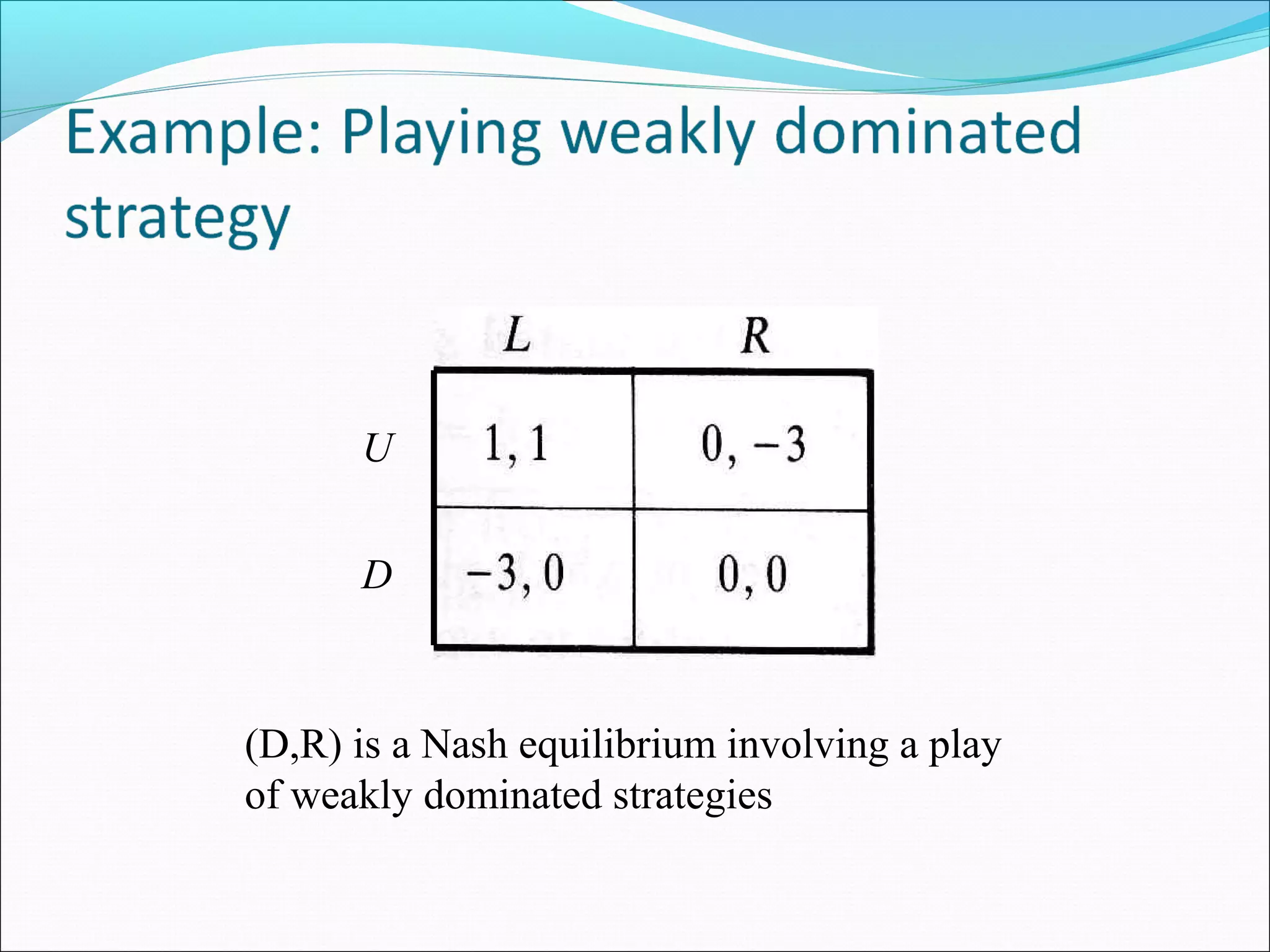 U
D
(D,R) is a Nash equilibrium involving a play
of weakly dominated strategies
 