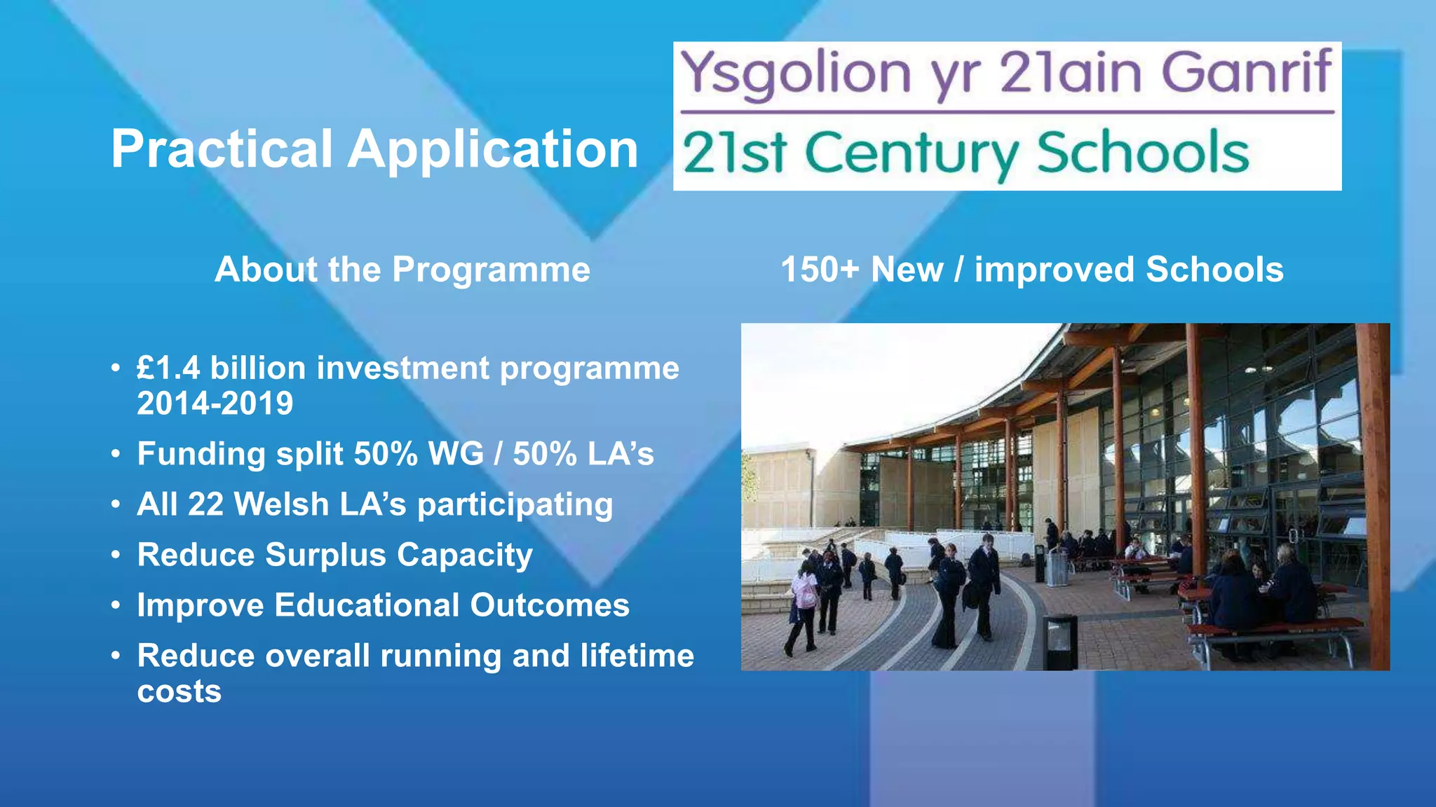 Practical Application
About the Programme
• £1.4 billion investment programme
2014-2019
• Funding split 50% WG / 50% LA’s
• All 22 Welsh LA’s participating
• Reduce Surplus Capacity
• Improve Educational Outcomes
• Reduce overall running and lifetime
costs
150+ New / improved Schools
 