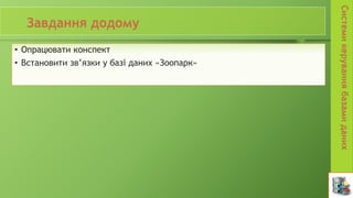 • Опрацювати конспект
• Встановити зв’язки у базі даних «Зоопарк»
 