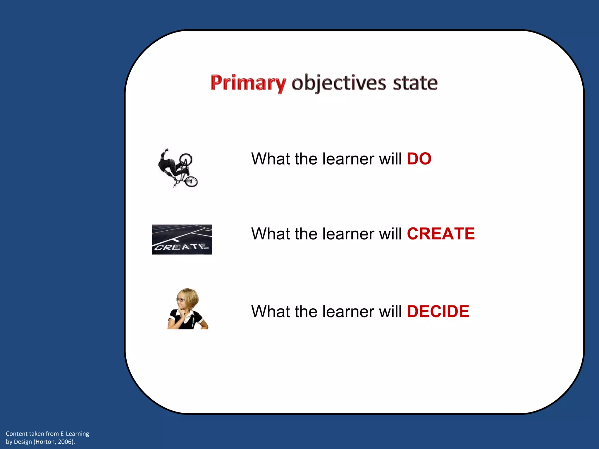 What the learner will  DO What the learner will  DECIDE What the learner will  CREATE 