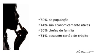 50% da população  44% são economicamente ativas 30% chefes de família 51% possuem cartão de crédito 