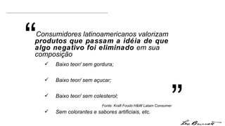 Consumidores latinoamericanos valorizam  produtos que passam a idéia de que algo negativo foi eliminado  em sua composição “ ” Fonte: Kraft Foods H&W Latam Consumer Baixo teor/ sem gordura;  Baixo teor/ sem açucar;  Baixo teor/ sem colesterol;  Sem colorantes e sabores artificiais, etc. 