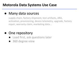 Motorola Data Systems Use Case
● Many data sources
supply chain, factory shipment, test artifacts, JIRA,
activation, provisioning, device telemetry, upgrade, factory
repair, warranty claim, marketing data...

● One repository
● Load first, ask questions later
● 360 degree view

 