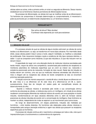Biologia do Desenvolvimento Animal Comparado
110
células sobre as outras, onde a primeira emite um sinal e a segunda se diferencia. Dessa maneira
estabelecem-se os fenômenos indutivos promotores de diferenciações futuras
No processo de diferenciação, as células tem que se modificar antes de se diferenciarem.
Tal fenômeno de compromisso é chamado determinação ou comprometimento, é irreversível e
pode se promovido por um determinante citoplasmático ou um fenômeno indutivo.
PERGUNTAS???
Que achou da leitura? Mais dúvidas!
O professor esta esperando por você para esclarecer.
1.1. INDUÇÃO CELULAR
É o processo através do qual as células de alguns tecidos estimulam as células de outros
tecidos a se diferenciarem, ou seja, se transformar em novos tipos celulares. Por intermédio deste
efeito, essas células podem induzir outras à morte, adquirir motilidade, ou modificar a velocidade
de proliferação. Este mecanismo biológico revela a existência de três tipos celulares distintos, a
saber: 1) que se comportam como indutores; 2) que são induzidos e; 3) que não induzem nem se
deixam induzir.
A capacidade de reagir com uma alteração diante de moléculas indutoras secretadas pelo
tecido indutor, requer da célula uma competência, caracterizada pela existência de receptores na
membrana plasmática de moléculas específicas que se unem ao indutor (ex. notocorda e
ectoderma posicionado acima da notocorda, formação do tubo neural). Neste tipo de indução os
tecidos devem ser vizinhos, uma vez que as moléculas indutoras secretadas são difusíveis no
meio e chegam até os receptores das células do tecido competente se elas se encontram
próximas (secreção parácrina).
A indução ocorre de maneira sequencial: o tecido A induz o tecido b para se diferenciar em
B; este induz c a se diferenciar em C; este induz d a diferenciar-se em D, e, assim,
sucessivamente. Esse tipo de indução em cadeia pode ser exemplificado através do
desenvolvimento do olho.
Quando a molécula indutora é secretada pelo tecido e sua concentração diminui
conforme ela atravessa as células, a molécula atua como um morfôgeno, em virtude de as células
receberem concentrações diferentes da molécula indutora de acordo com suas posições no tecido
induzido, transformando-se em tipos celulares diferentes entre si, além de fornecer valores
posicionais às células induzidas de acordo com a concentração do morfôgeno. Esse fenômeno se
mantem na célula, independente de si elas se separam ou se movimentem para outros locais.
Ao longo do desenvolvimento, em etapas posteriores, induções são mediadas por
hormônios – entre tecidos distantes. Os hormônios são elaborados pelas células indutoras e
transportados pelo sangue (secreção endócrina) e agem nas células que possuem os receptores
específicos para os hormônios.
O processo de indução continua até o nascimento e prossegue por toda a vida, visto que é
imprescindível para o funcionamento e a sobrevivência do organismo.
 