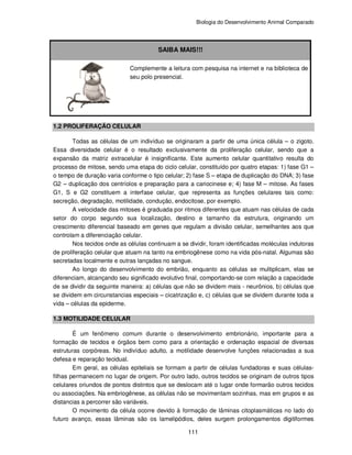 Biologia do Desenvolvimento Animal Comparado
111
SAIBA MAIS!!!
Complemente a leitura com pesquisa na internet e na biblioteca de
seu polo presencial.
1.2 PROLIFERAÇÃO CELULAR
Todas as células de um indivíduo se originaram a partir de uma única célula – o zigoto.
Essa diversidade celular é o resultado exclusivamente da proliferação celular, sendo que a
expansão da matriz extracelular é insignificante. Este aumento celular quantitativo resulta do
processo de mitose, sendo uma etapa do ciclo celular, constituído por quatro etapas: 1) fase G1 –
o tempo de duração varia conforme o tipo celular; 2) fase S – etapa de duplicação do DNA; 3) fase
G2 – duplicação dos centríolos e preparação para a cariocinese e; 4) fase M – mitose. As fases
G1, S e G2 constituem a interfase celular, que representa as funções celulares tais como:
secreção, degradação, motilidade, condução, endocitose, por exemplo.
A velocidade das mitoses é graduada por ritmos diferentes que atuam nas células de cada
setor do corpo segundo sua localização, destino e tamanho da estrutura, originando um
crescimento diferencial baseado em genes que regulam a divisão celular, semelhantes aos que
controlam a diferenciação celular.
Nos tecidos onde as células continuam a se dividir, foram identificadas moléculas indutoras
de proliferação celular que atuam na tanto na embriogênese como na vida pós-natal. Algumas são
secretadas localmente e outras lançadas no sangue.
Ao longo do desenvolvimento do embrião, enquanto as células se multiplicam, elas se
diferenciam, alcançando seu significado evolutivo final, comportando-se com relação a capacidade
de se dividir da seguinte maneira: a) células que não se dividem mais - neurônios, b) células que
se dividem em circunstancias especiais – cicatrização e, c) células que se dividem durante toda a
vida – células da epiderme.
1.3 MOTILIDADE CELULAR
É um fenômeno comum durante o desenvolvimento embrionário, importante para a
formação de tecidos e órgãos bem como para a orientação e ordenação espacial de diversas
estruturas corpóreas. No indivíduo adulto, a motilidade desenvolve funções relacionadas a sua
defesa e reparação tecidual.
Em geral, as células epiteliais se formam a partir de células fundadoras e suas células-
filhas permanecem no lugar de origem. Por outro lado, outros tecidos se originam de outros tipos
celulares oriundos de pontos distintos que se deslocam até o lugar onde formarão outros tecidos
ou associações. Na embriogênese, as células não se movimentam sozinhas, mas em grupos e as
distancias a percorrer são variáveis.
O movimento da célula ocorre devido à formação de lâminas citoplasmáticas no lado do
futuro avanço, essas lâminas são os lamelipódios, deles surgem prolongamentos digitiformes
 
