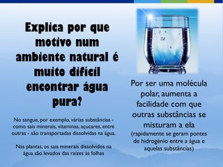 Explica por que
    motivo num
 ambiente natural é
   muito difícil
                                                  Por ser uma molécula
  encontrar água                                     polar, aumenta a
       pura?                                       facilidade com que
                                                  outras substâncias se
 No sangue, por exemplo, várias substâncias -
como sais minerais, vitaminas, açucares, entre        misturam a ela
outras - são transportadas dissolvidas na água.   (rapidamente se geram pontes
                                                   de hidrogénio entre a água e
 Nas plantas, os sais minerais dissolvidos na           aquelas substâncias)
   água são levados das raízes às folhas
 