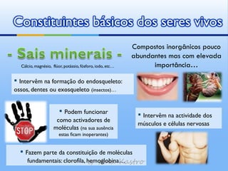 Constituintes básicos dos seres vivos
                                                           Compostos inorgânicos pouco
                                                           abundantes mas com elevada
  Cálcio, magnésio, flúor, potássio, fósforo, iodo, etc…         importância…

▪ Intervêm na formação do endosqueleto:
ossos, dentes ou exosqueleto (insectos)…


                       ▪ Podem funcionar                    ▪ Intervêm na actividade dos
                     como activadores de
                                                            músculos e células nervosas
                    moléculas (na sua ausência
                       estas ficam inoperantes)


  ▪ Fazem parte da constituição de moléculas
                              by Ana Kastro
     fundamentais: clorofila, hemoglobina…
 