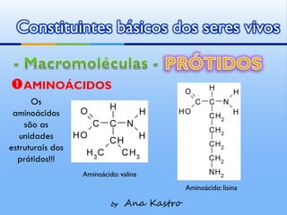 Constituintes básicos dos seres vivos


AMINOÁCIDOS
      Os
 aminoácidos
    são as
   unidades
estruturais dos
  prótidos!!!
                  Aminoácido: valina
                                             Aminoácido: lisina

                           by   Ana Kastro
 