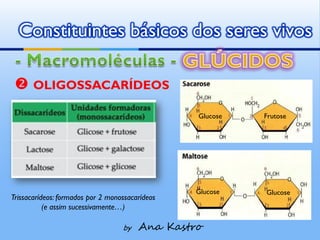 Constituintes básicos dos seres vivos

  OLIGOSSACARÍDEOS
                                                 Glucose   Frutose




                                                 Glucose   Glucose
Trissacarídeos: formados por 2 monossacarídeos
           (e assim sucessivamente…)

                                   by   Ana Kastro
 