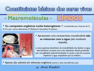 Constituintes básicos dos seres vivos

▪ São compostos orgânicos muito heterogéneos  constituídos por átomos de C,
O, H e por outros elementos: P,´(fósforo) S (enxofre), N (azoto) ..


                                       ▪ Apresentam uma característica inconfundível: não
                                             se misturam com a água (são insolúveis
                                                           naquela).

                                       as aves aquáticas beneficiam da insolubilidade dos lípidos na água;
                                        elas lubrificam as penas com uma substância oleosa produzida
                                       por uma glândula especial localizada na cauda, o que faz as penas
                                                 repelirem a água, impedindo que se molhem…


▪ Apenas são solúveis em solventes orgânicos (como o éter, clorofórmio, etc)
                                        by   Ana Kastro
 
