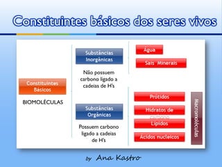 Constituintes básicos dos seres vivos


                 Não possuem
                carbono ligado a
                 cadeias de H’s

 BIOMOLÉCULAS



                Possuem carbono
                 ligado a cadeias
                      de H’s


                  by   Ana Kastro
 