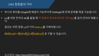 1761 정점들의 거리
하나의 쿼리를 O(logN)에 해결이 가능하다면 O(MlogN)에 전체 문제를 해결 가능합니
다.
lca를 위한 전처리 dfs를 돌릴 때 각 정점의 루트로부터의 거리 d[x]를 같이 전처리 해줍
니다.
질의는 어떤 정점 x,y의 거리 dist(x,y)를 구해야합니다.
dist(x,y)= d[x]+d[y]-d[lca(x,y)) 로 구할 수 있습니다.
 
