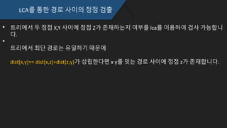 LCA를 통한 경로 사이의 정점 검출
트리에서 두 정점 X,Y 사이에 정점 Z가 존재하는지 여부를 lca를 이용하여 검사 가능합
니다.
트리에서 최단 경로는 유일하기 때문에
dist[x,y]== dist[x,z]+dist[z,y)가 성립한다면 x y를 잇는 경로 사이에 정점 z가 존재합니
다.
 